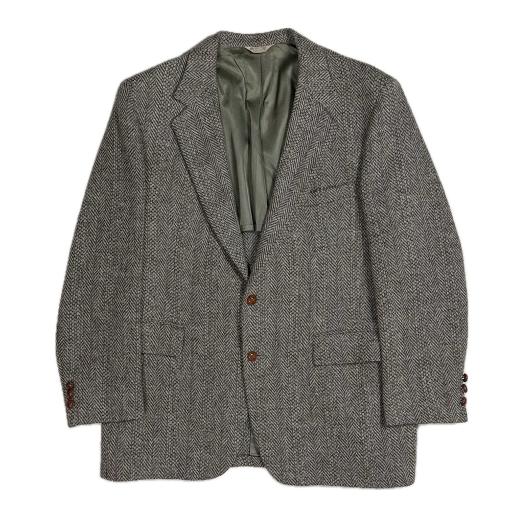 Vtg 70s British Wool Made in USA grey herringbone tweed blazer jacket men's 42R